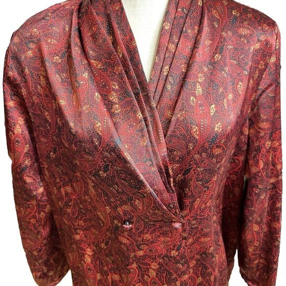 Notations Top Blouse Women Burgundy Paisley V Pleated Christmas Business Size 12 - Picture 4 of 11